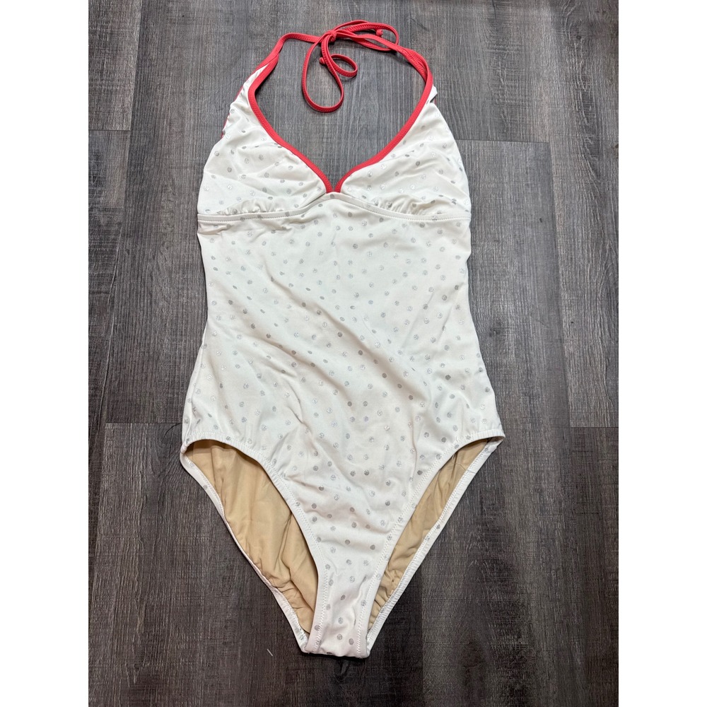 J. Crew Girls White Silver Metallic Polka Dot Halter One Piece Swimsuit Size 14